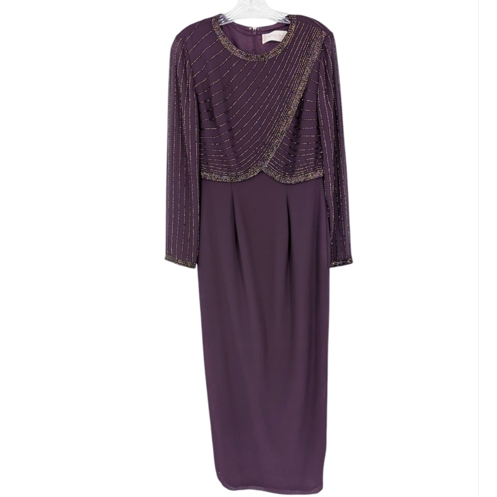 Cameron Blake by Mon Cheri Formal Long Dress Sheer Sleeves Beaded Gown Purple 6